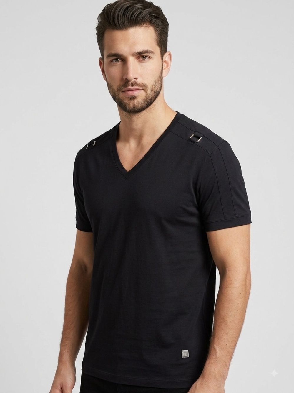 Versace Collection Y2K Black V Neck Buckle T Shirt Size XXL